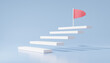 © N ON NE ON - Staircase strategy analysis step by step growth of business, red flag target successful concept. vision achievement performance champion Minimal cartoon, copy space, banner. 3d rendering illustration
