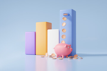 Poster - 3d graph icon with piggy bank coins. money saving earning data analysis optimization growth statistics financial grow stock market To invest business income development concept. 3d render illustration