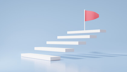 Poster - Staircase strategy analysis step by step growth of business, red flag target successful concept. vision achievement performance champion Minimal cartoon, copy space, banner. 3d rendering illustration