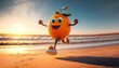 orange funny character running on the sunny beach,