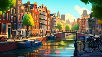 Wall Mural - Background Amsterdam canals. the charming Amsterdam canals in an illustration with an abstract background and captivating banner design. Generative AI.