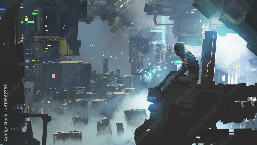futuristic man sitting on a building against a sci-fi city during the ...