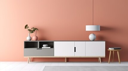 Wall Mural - Mockup of a contemporary television console or cabinet in a blank living room with a white floor, Generative AI
