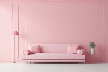 pink living room with trendy sofa. minimalist design idea style in pastel tones. Generative AI