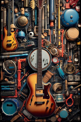 Leinwandbilder -  A collage artwork featuring various musical instruments, such as guitars, drums, saxophones, and violins, arranged in a visually striking composition.  Generative AI technology.