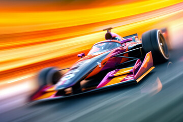 Poster -  A dynamic photograph capturing the side view of a racing car speeding down a track, with blurred motion and intense energy.  Generative AI technology.