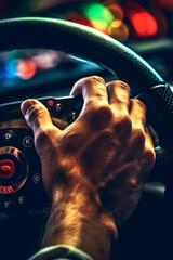 Poster -  A close-up photograph of a driver's hands gripping the steering wheel of a racing car, with the focus on the intense concentration and determination.  Generative AI technology.