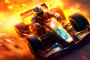 Poster -  A digital illustration of a racing driver with a trail of fire following their car, symbolizing the passion and fiery spirit of competitive racing.  Generative AI technology.