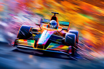 Poster -  An abstract painting featuring bold brushstrokes and vibrant colors, representing the fast-paced and exhilarating nature of racing.  Generative AI technology.