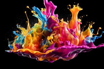 Poster -  A high-speed photograph capturing a vibrant mix of colored liquids splashing in mid-air, creating an explosion of color and motion. Generative AI technology.