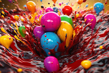 Fototapete -  A composite image featuring multiple splashes of different colors converging at a central point, creating a visually mesmerizing and harmonious composition. Generative AI technology.