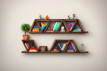 Aufkleber - A set of geometric-shaped wooden shelves, perfect for displaying books and decorative items, adding a touch of geometric elegance to any interior space.  Generative AI technology.