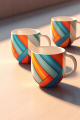 Poster - A set of geometric-shaped ceramic mugs with sleek lines and geometric patterns, adding a touch of modernity to your morning coffee routine.  Generative AI technology.