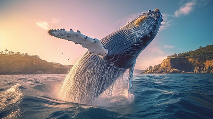 Humpback whale jumps out of the water. Beautiful jump. Generative Ai