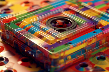 Poster - A close-up image of a cassette tape's cassette shell, featuring unique colors, patterns, or transparent designs.  Generative AI technology.