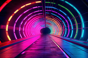Poster - A photograph of a tunnel lit up with neon lights, creating a vibrant and surreal ambiance. Generative AI technology.