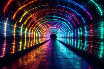 Leinwandbilder - A photograph of a tunnel illuminated with a series of differently colored spotlights, giving it a lively and theatrical ambiance.  Generative AI technology.