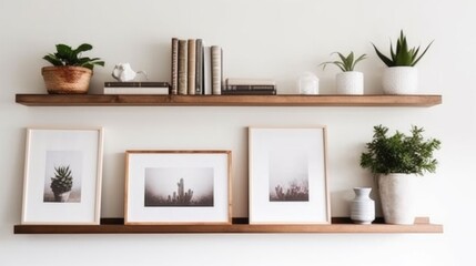 White square frame and a group of indoor plants on a bookshelf. Minimal composition. Ai gerated