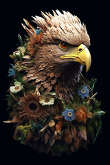 Poster - A conceptual image of a Eagle made from unconventional materials, such as flowers or feathers, challenging the perception of Eagle as solely utilitarian objects.  Generative AI technology.
