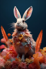 Poster - A conceptual image of a Rabbit made from unconventional materials, such as flowers or feathers, challenging the perception of Rabbit as solely utilitarian objects.  Generative AI technology.