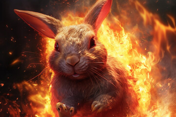 Poster - A digital illustration of a Rabbit engulfed in flames, symbolizing destruction, chaos, or revolution.  Generative AI technology.