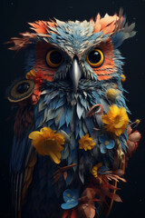 Fototapete - A conceptual image of a Owl made from unconventional materials, such as flowers or feathers, challenging the perception of Owl as solely utilitarian objects.  Generative AI technology.