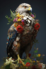 Poster - A conceptual image of a Hawk made from unconventional materials, such as flowers or feathers, challenging the perception of Hawk as solely utilitarian objects. Generative AI technology.