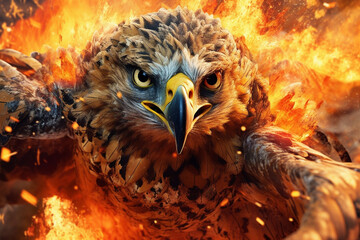Poster - A digital illustration of a Falcon engulfed in flames, symbolizing destruction, chaos, or revolution.  Generative AI technology.