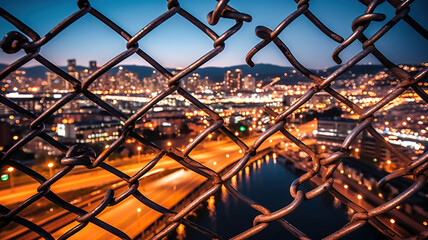 Wall Mural - a view of a city through a chain link fence. Generative Ai