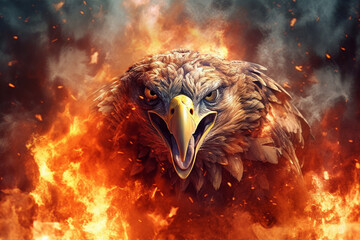 Poster - A digital illustration of a Eagle engulfed in flames, symbolizing destruction, chaos, or revolution. Generative AI technology.
