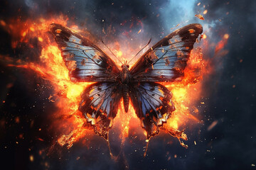 Fototapete - A digital illustration of a Butterfly engulfed in flames, symbolizing destruction, chaos, or revolution. Generative AI technology.