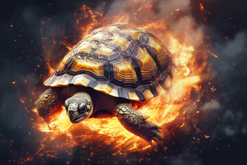 Aufkleber - A digital illustration of a Turtle engulfed in flames, symbolizing destruction, chaos, or revolution.  Generative AI technology.