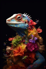 Aufkleber - A conceptual image of a Lizard made from unconventional materials, such as flowers or feathers, challenging the perception of Lizard as solely utilitarian objects.  Generative AI technology.