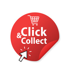 Poster - Click and collect stickers. Commercial label, badge or sticker. Mouse cursor or Hand pointer. Concept online order or internet shopping. Ecommerce, internet sales and retail. Vector illustration