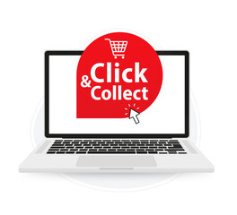 Poster - Click and collect on the laptop screen. Commercial label. Mouse cursor or Hand pointer. Concept online order or internet shopping. Ecommerce, internet sales and retail. Vector illustration