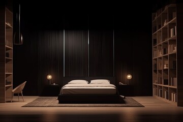 Front view of a dark bedroom with a bed, a white poster that isn't being used, a bookshelf, and an oak wooden parquet floor. minimalist design principle. A place to unwind and relax a Generative AI