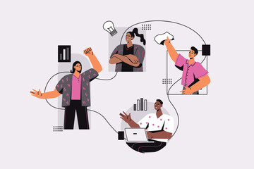 Poster - Business meeting concept with people scene in the flat cartoon style. The business team held an online meeting at a distance to discuss various issues. Vector illustration.