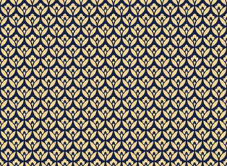 Flower geometric pattern. Seamless vector background. Gold and dark blue ornament. Ornament for fabric, wallpaper, packaging. Decorative print