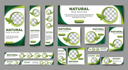 nature banner design web template set, horizontal header web banner. modern gradient green cover hea