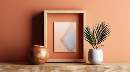 Wall Mural - Mock-up of a wooden square frame in a contemporary decor with Art Deco and bohemian influences. Generative AI