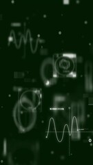 Vertical (1920x1080) looped animation of data science elements with binary text and square particles that moves toward the camera on a dark green background. Perfect for social media projects.