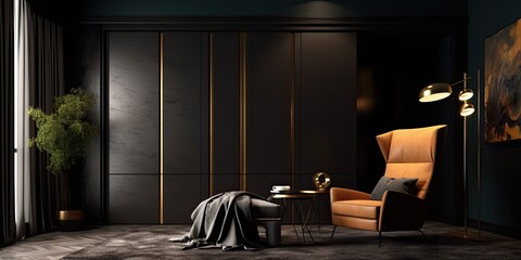Poster - Interior of a luxurious living room with dark brown walls, marble flooring, a gold and black wardrobe, and a black armchair next to a unique lamp. a mockup Generative AI