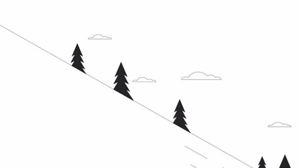 Poster - Animated bw ski slope. Snow mountain isolated 2D animation. Ski trail. Riding down. Snow hill. Monochrome thin line cartoon background 4K video footage, alpha channel transparency for web design