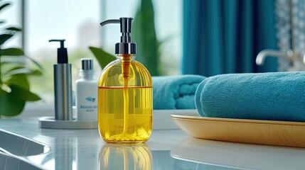 Wall Mural - Eco-friendly cosmetics in a glass container with a blank brand name, a yellow oil bottle on a white bathroom sink with a faucet, and a background of blue tiling. morning grooming regimen Generative AI