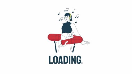 Fototapete - Listen to music loader animation. Asian headphones woman with cat. Flash message 4K video footage. Isolated outline colour loading animation with alpha channel transparency for UI, UX web design