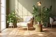 Wooden frame mockup, close-up of a comfortable, green-toned living room with lounge furniture, a rattan toilet, and a potted plant. a herringbone floor. Scandinavian modern architecture, Generative AI