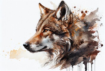  Watercolor drawing of a wolf. Generative AI.