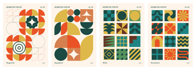 Trendy minimalist, modern, abstract, colorful and vintage poster set with basic and geometric shapes and patterns influenced by Bauhaus, Neo Geo art, Swiss style and Boho art.