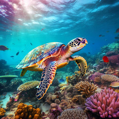  Sea turtle swims under water on the background of coral reefs. Generative AI