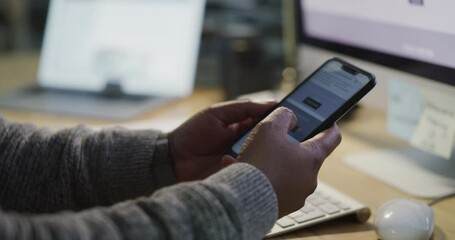 Leinwandbilder - Phone screen, hands and business man in office for website, contact information or search engine at his desk at night. Check, scroll and typing of person, employee or worker, mobile app or internet